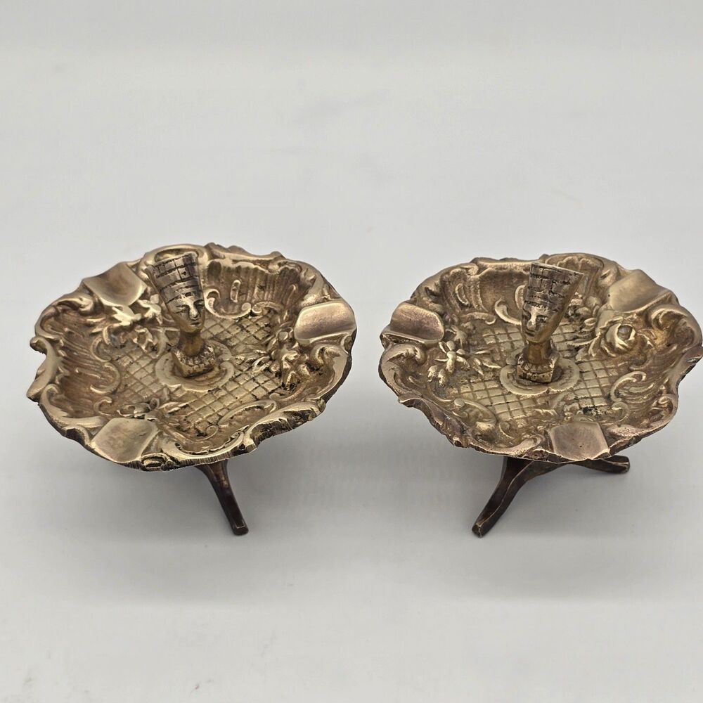 Set of 2 Vintage Queen Nefertiti Brass Ash Trays Trinket Dishes